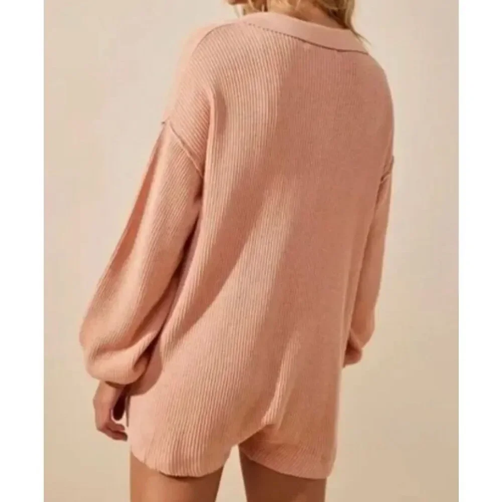 Free People Coral Ribbed Long Sleeve Romper